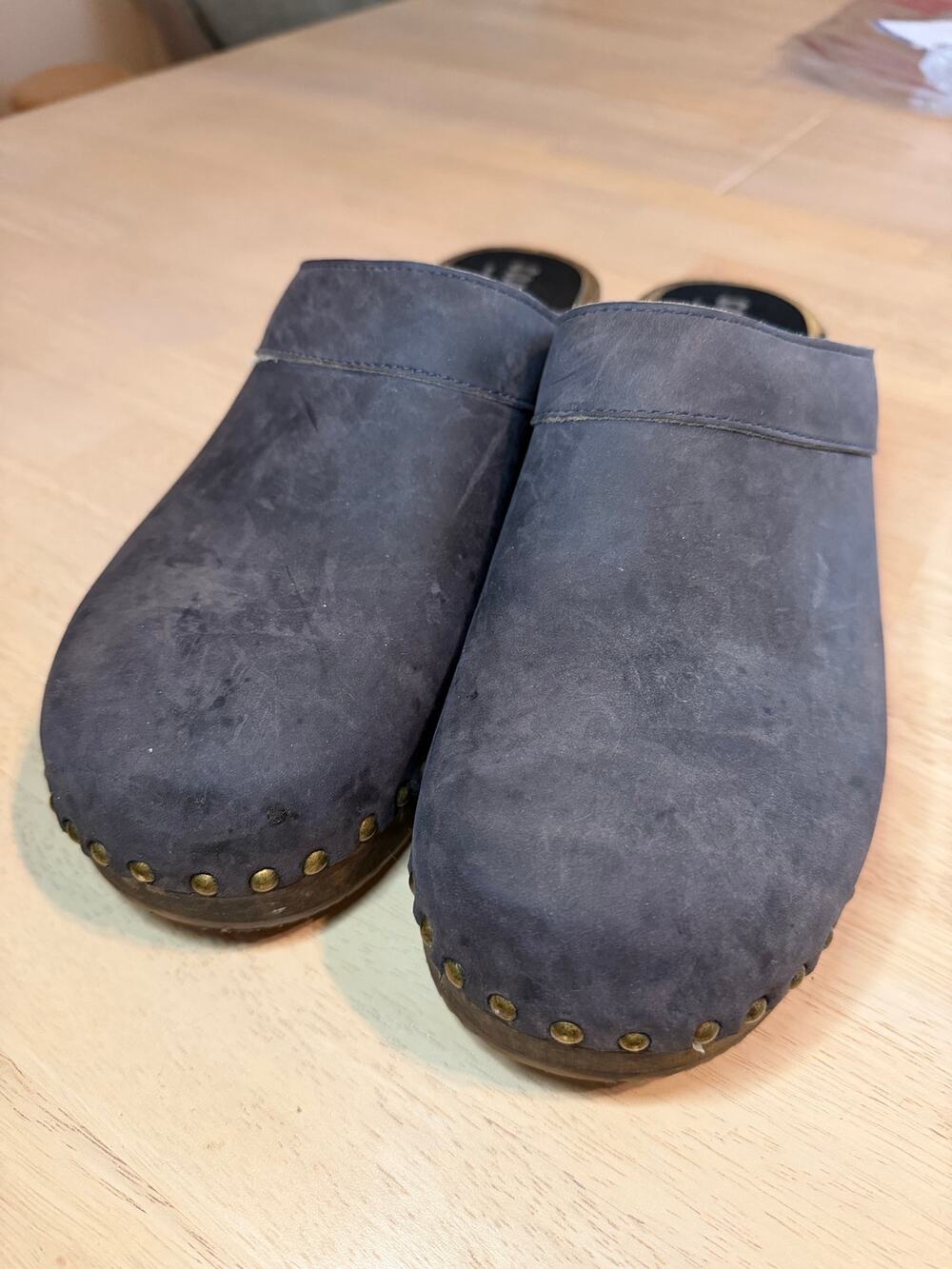 Sandgrens Navy Blue Leather Wooden Clogs Studded Mules Made In Sweden 45 unisex
